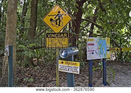 Stinger Warning Sign And Advises Near Cape Tribulation