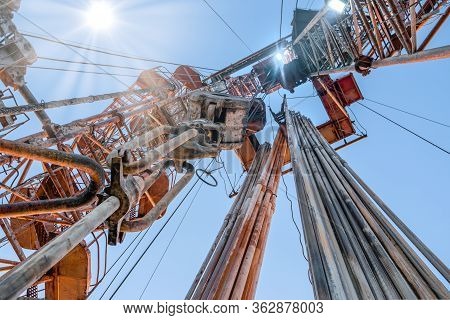 Drilling Rig In Oil Field For Drilled Into Subsurface In Order To Produced Crude, Inside View. Petro