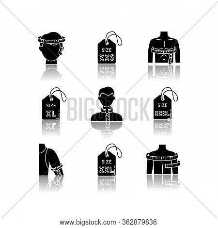 Male Clothing Sizes Drop Shadow Black Glyph Icons Set. Men Body Dimensions And Proportions Measureme