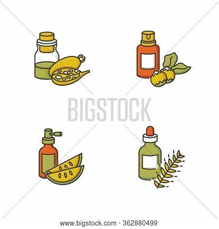 Hair Oils Rgb Color Icons Set. Macadamia Raw Nuts For Oragnic Cosmetic. Kalahari Melon Seed Extract 