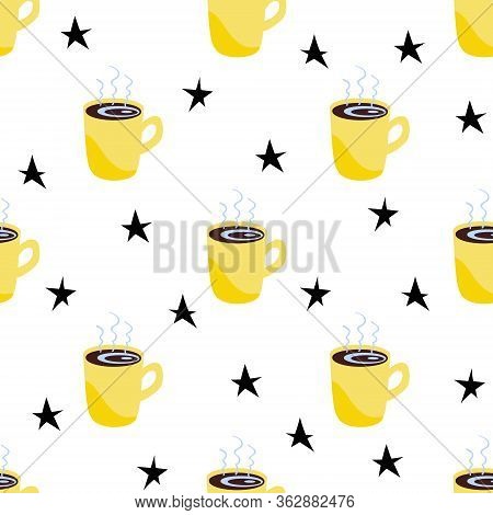 Seamless Pattern Of  Yellow Mugs With Hot Coffee And Steam. Cute  Flat Cups For Wrapping, Scrapbooki
