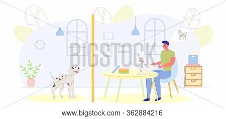 Man Character Interrupting Work Disturbed With Noisy Neighbors Dog. Inconvenient Environment In Apar