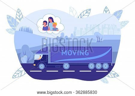 Truck With Truck Driver Rides Along Highway, Slide. City Is Far Away In Fog, Wagon With Load Is Trav