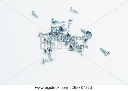 Metal Screws 16 Mm Long Bolts For Furniture On A White Background