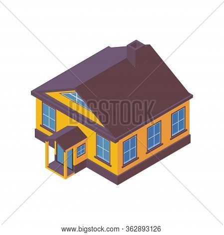 Isometric 3d Country House Isolated On White Background. Vector Illustration Of Modern Home In Yello