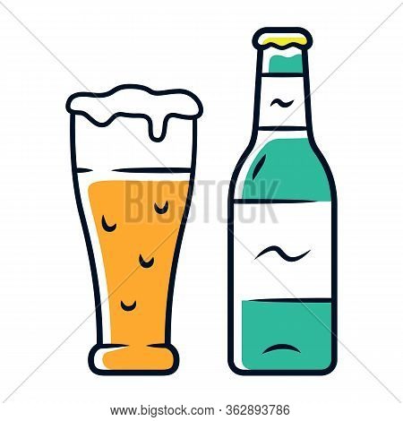 Beer Color Icon. Uncorked Bottle And Glass Of Beverage. Bottled And Draft Lager. Alcoholic Drink. Br