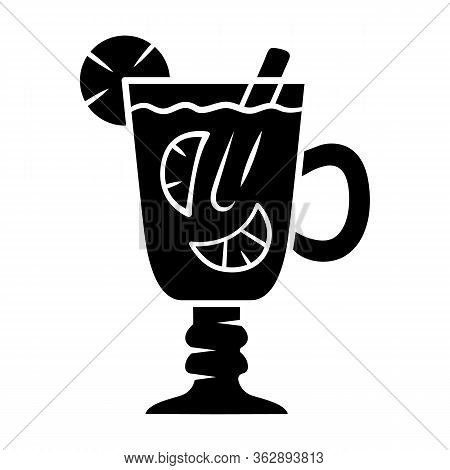 Hot Toddy Glyph Icon. Hot Whiskey In Irish Coffee Glass. Beverage With Lemon Slices And Cinnamon Sti