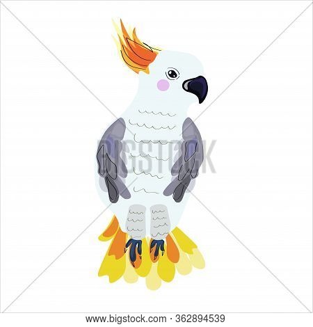 Cartoon Bright Tropical Parrot With Yellow Tale. Vector Illustration.