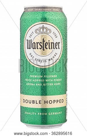 Ukraine, Kyiv - March 24, 2020: Aluminium Cold Can Of German Beer Warsteiner Double Hopped Isolated 