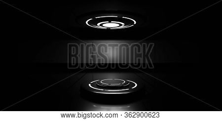 Abstract Modern Futuristic Round Dark Metal Podium With Artificial Lighting. Minimalistic Pedestal I