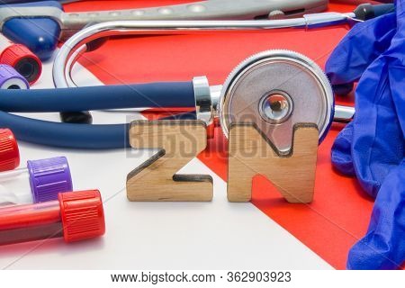 Zn Medical Abbreviation Meaning Total Zinc In Body Or Blood In Laboratory Diagnostics On Red Backgro