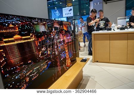 SHENZHEN, CHINA - CIRCA APRIL, 2019: TV on display in Sony Store at UpperHills during Sony Expo 2019.