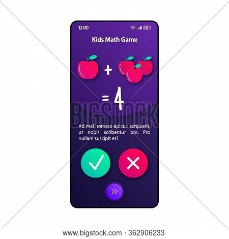Maths For Kids Smartphone Interface Vector Template. Mobile App Page Violet Design Layout. Teaching 