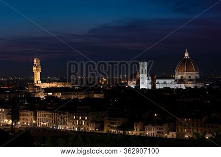 Florence At Dusk - Panorama Of Florence, Tuscany, Italy After Sunset With The City Center And Landma