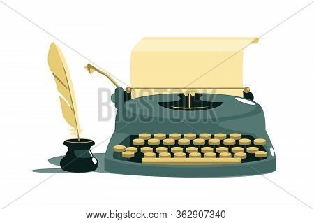 Vintage Stylish Typewriter With Paper And Feather