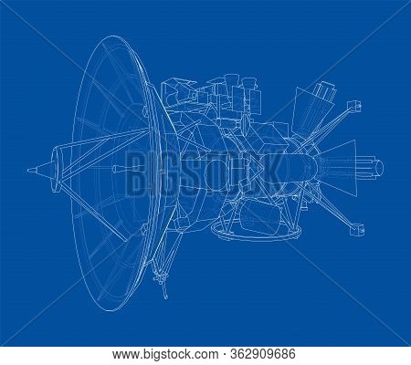 Communication Satellite Concept Outline. Vector Rendering Of 3d. Wire-frame Style. The Layers Of Vis