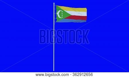Comoros Flag Waving On Wind On Blue Screen Or Chroma Key Background. 3d Rendering