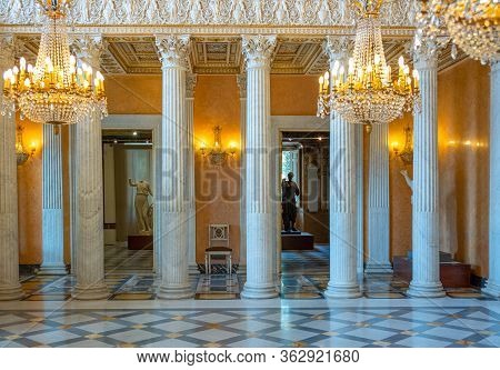Rome, Italy - August 20, 2017:  Villa Torlonia, The Columns And Decorations Of The Ballroom