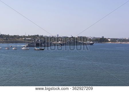 Sevastopol, Crimea, Russia - July 28, 2019: Large Landing Ship Caesar Kunikov And Azov Leave The Sev