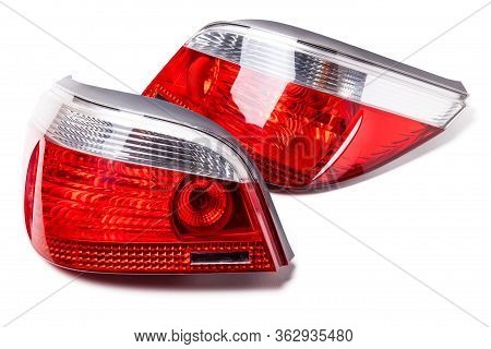 A Pair Of Headlights Of A Stop Signal For A German Auto - Optical Equipment Of White And Red Color O