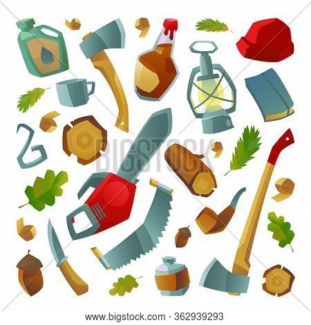 Collection Of Lumberjack Things And Work Tools. Lumberjack Things Element, Tools. Vector Illustratio