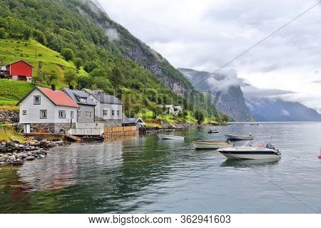 Norway Fiord Landscape - Aurlandsfjord, Part Of Sognefjord. Town Of Undredal.