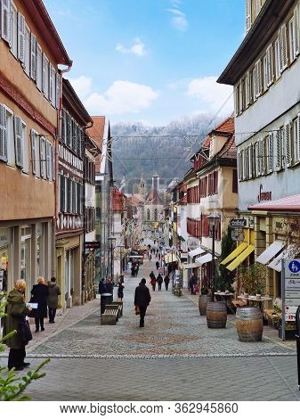 Schwaebisch Hall, Germany - January 02, 2020: People In Shopping Street 