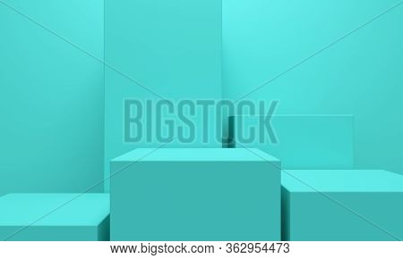 Square Podiums Of Different Heights On A Blue Background. Minimalist Backdrop Design For Product Pro