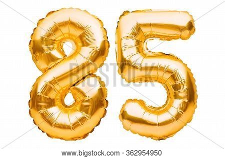 Number 85 Eighty Five Made Of Golden Inflatable Balloons Isolated On White. Helium Balloons, Gold Fo