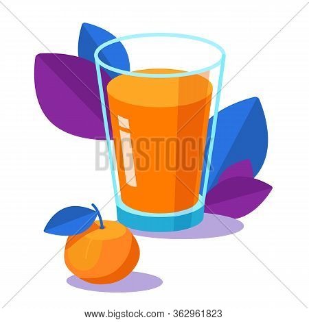 Glass Of Tasty Orange Juice. Healthy Food. Still Life Food With Fresh Juicy Bright Mandarin. Breakfa