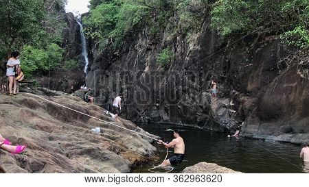 Ko Chang, Thailand - April 12, 2018: Khlong Phlu Waterfall With Many Tourists Wanting Cold Refreshin