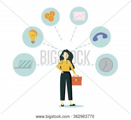 Businesswoman Is Standing And Holding Briefcase With Office Icons On The Background. Multitasking An