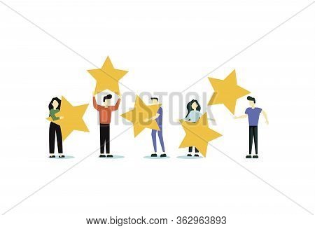 Happy People Are Holding Review Stars Over Their Heads. Five Stars Rating. Customer Review Rating An