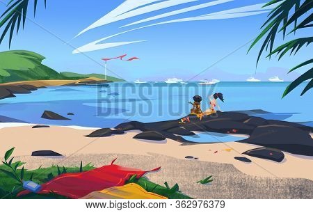 Tropical Beach Background With Beautiful Women. Tropical Landscape Of Beautiful Coast. Galapagos Isl