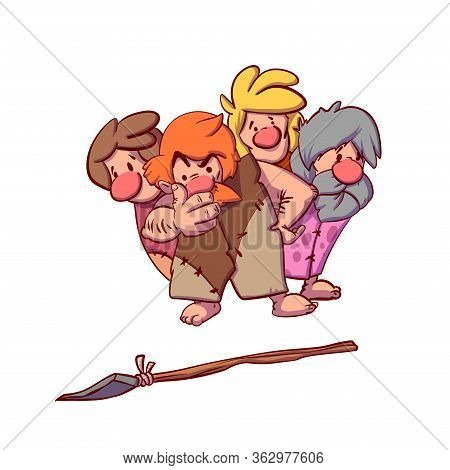 Colorful Vector Illustration Of A Group Of Cavemen Wondering About A Spear