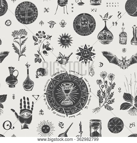 Vector Seamless Pattern On The Theme Of Alchemy And Healing In Retro Style. Abstract, Background Wit