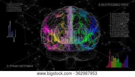 Rotating 360 Low Polygonal Brain 3d Model On Black Background With Animated Numbers And Diagrams. 4k