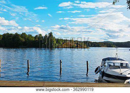 Finland, Suomi, Savonlinna,  Pier With Yachts On Summer Linna Lake .