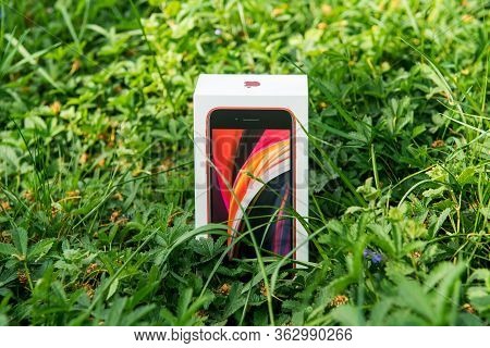 Paris, France - Apr 24, 2020: Close-up Of The New Budget Iphone Se By Apple Computers Touch Id, Sing