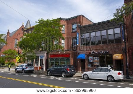 Brookline, Ma, Usa - Sep. 5, 2019: Historic Commercial Buildings On Harvard Street Near Washington S