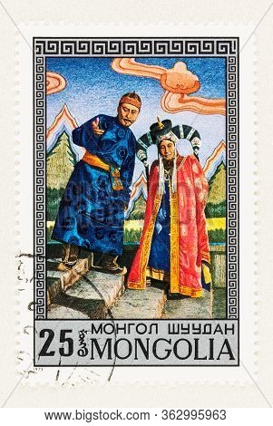 Seattle Washington - April 23, 2020: Mongolia Postage Stamp Featuring Opera And Drama Traditional Cu