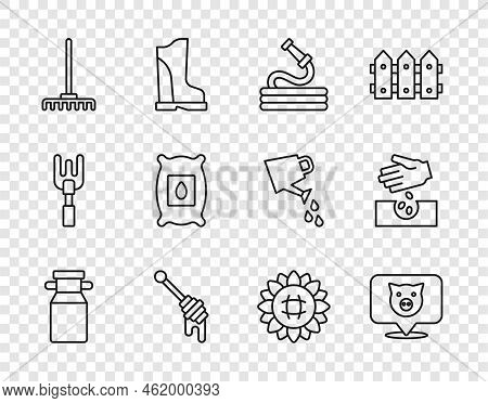 Set Line Can Container For Milk, Pig, Garden Hose, Honey Dipper Stick, Rake, Pack Full Of Seeds Of P