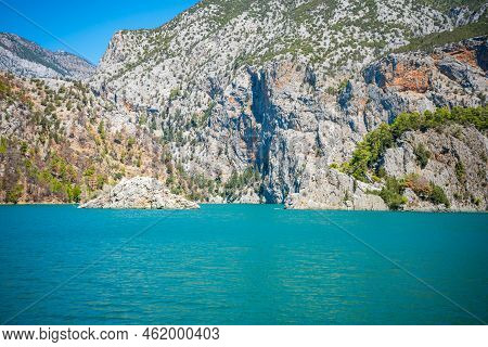 Mountain Lake. Emerald Water Reservoir Behind The Dam Oymapinar. Green Canyon In Manavgat Region, Tu
