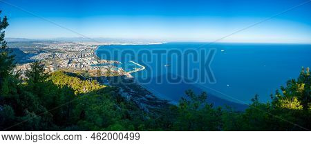 Aerial View Of Beautiful Blue Gulf And Konyaalti Beach In Popular Resort City Antalya, Turkey.