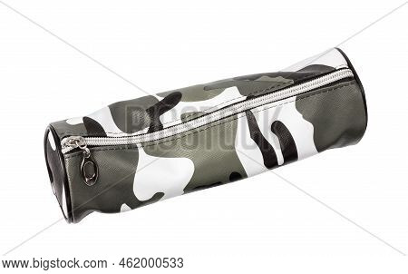 Closed Pencil Case Isolated On White Background. Khaki School Pencil Case. The Pencil Case Is Ready 