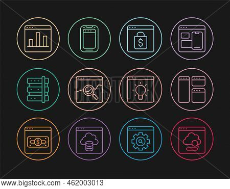 Set Line Cloud Technology Data Transfer, Browser Window, Online Shopping On Screen, Website With Sto