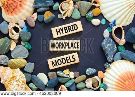 Hybrid Workplace Models Symbol. Concept Words Hybrid Workplace Models On Wooden Blocks. Bbeautiful B