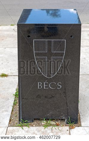 Szeged, Hungary - June 16, 2021: Vienna City Coat Of Arms At Black Marble Stone Engraving Sign Hunga