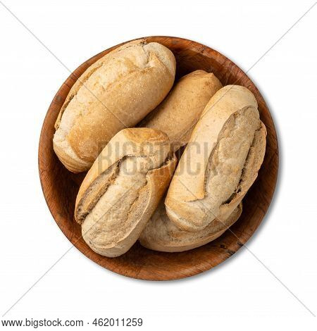Whole Grain French Bread, Salt Bread Or Pistolet In A Bowl Isolated Over White Background.