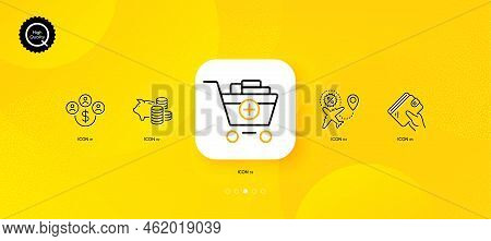 Buying Currency, Wallet And Piggy Bank Minimal Line Icons. Yellow Abstract Background. Flight Sale, 